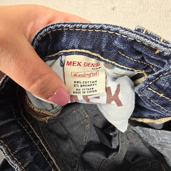 MEK Jeans Womens Size 29x32 Baltimore Denim Boot Cut Distressed Faded Whiskers - Picture 10 of 13